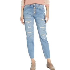 We The Free FP Distressed Frayed Hem Straight Leg Button Fly Crop Jeans Size 27